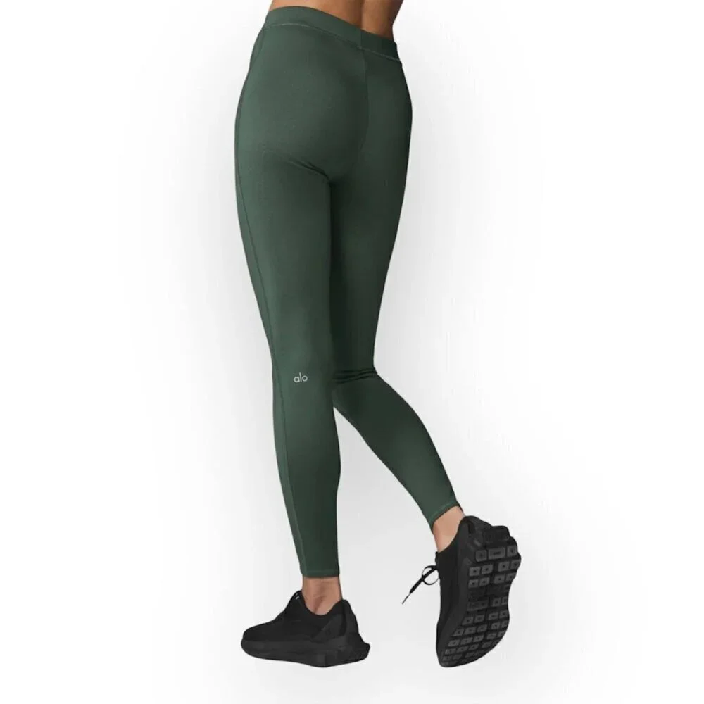 NWOT! ALO YOGA High-Waist Thrill Seeker Leggings in Olive Green with Front Zippe